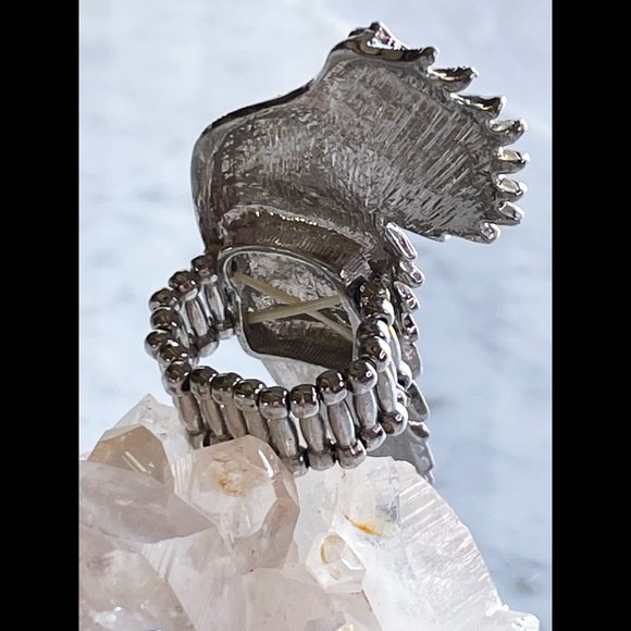 Enameled Angel Wing Ring with Crystals & Whimsy, Stretch Adjustable Sizing - Picture 4 of 6